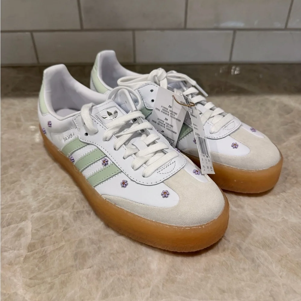 adidas Samba W White with Light Green & Gum Sole - Picture 4 of 5